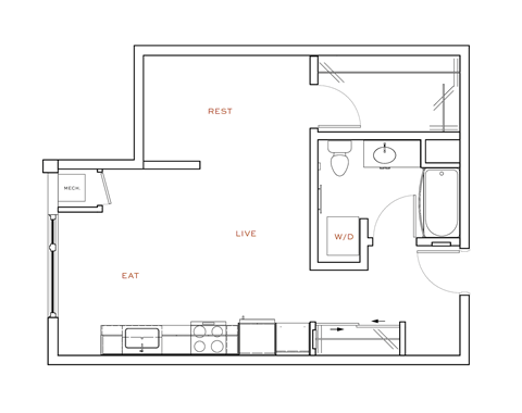 A floor plan of a small apartment with labeled rooms.
